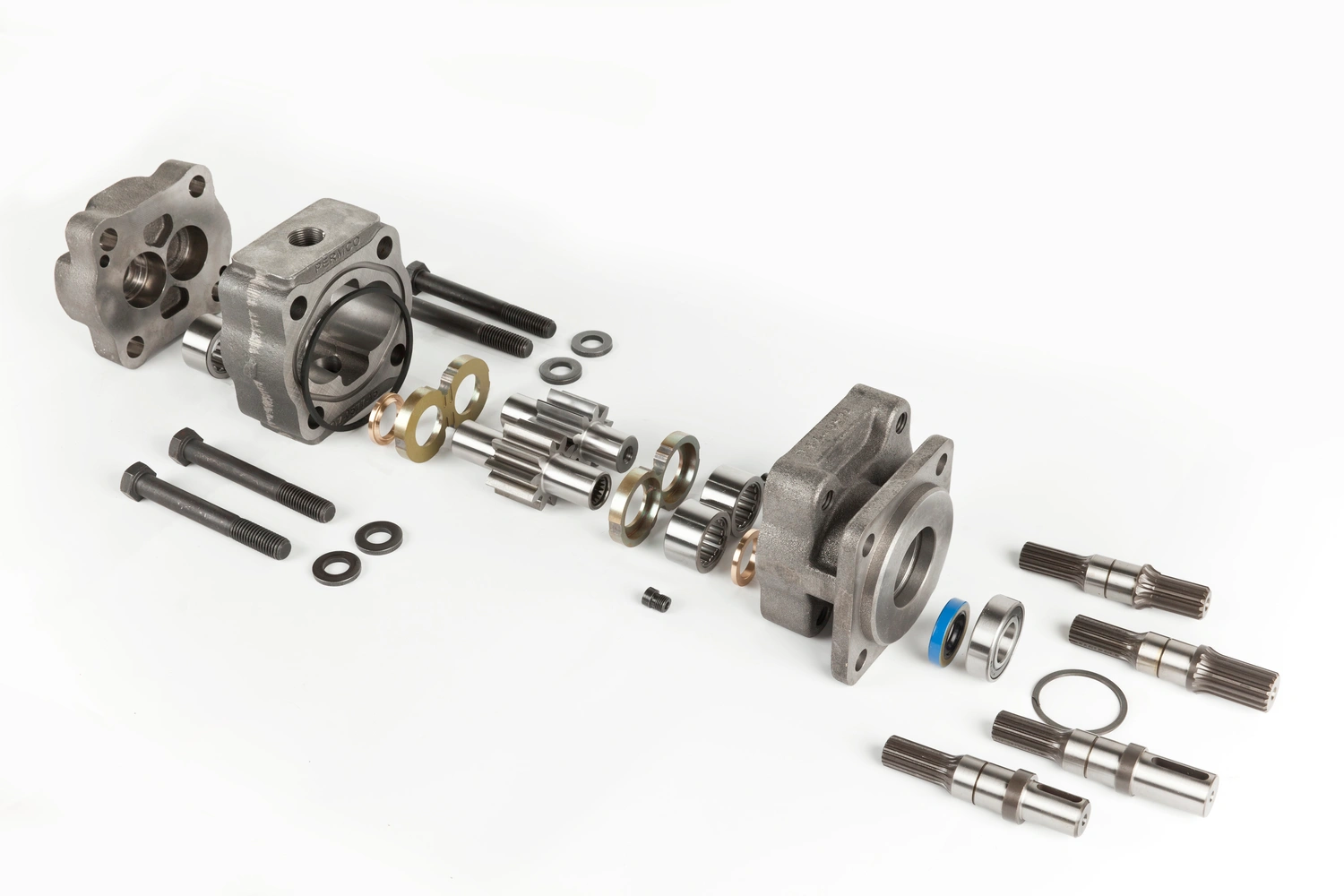 An exploded view of engine components, including two cast cylinder heads, gears, bolts, and various metallic parts on a white background. An exploded view of engine components, including two cast cylinder heads, gears, bolts, and various metallic parts on a white background.